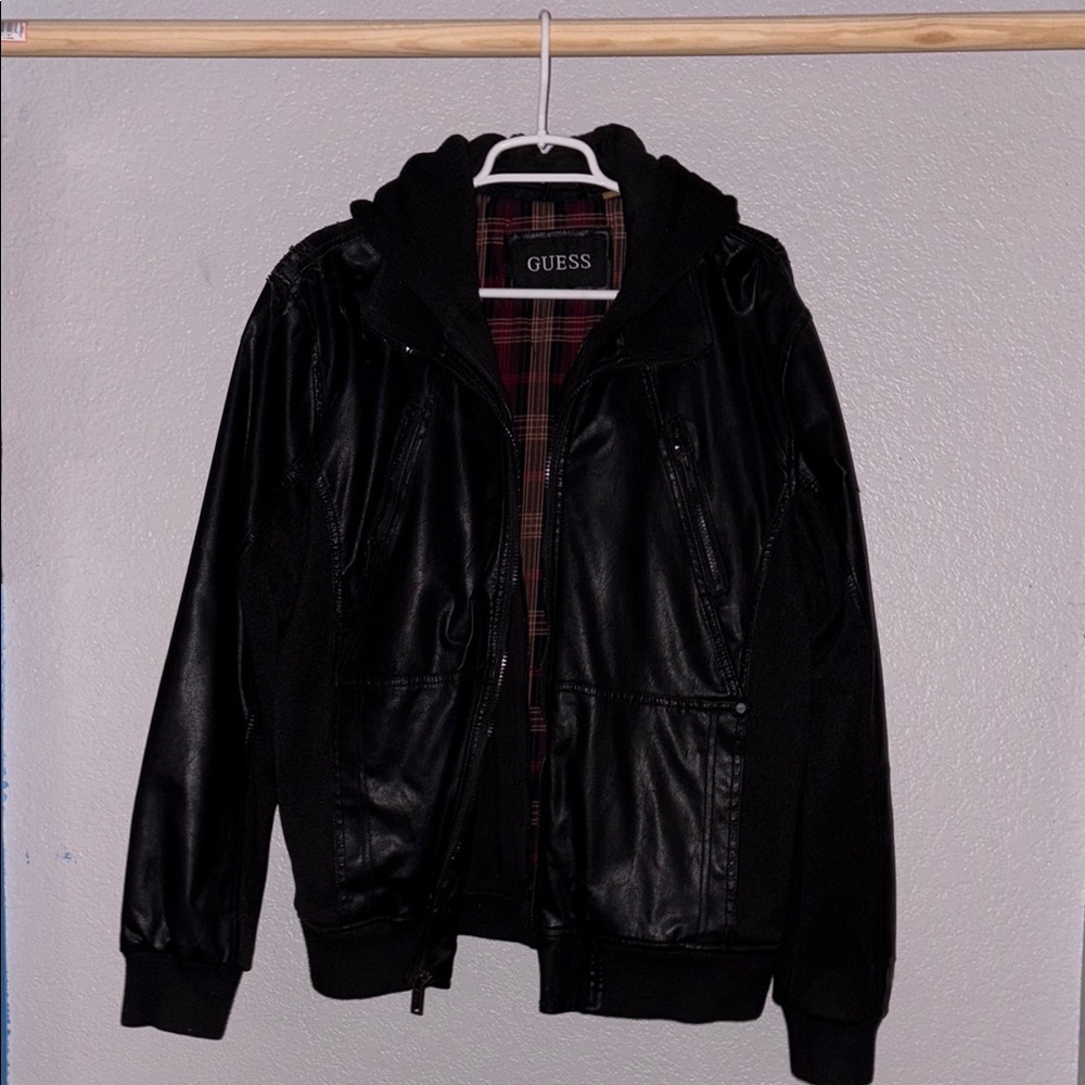 Guess Black Leather Bomber Jacket with Hood